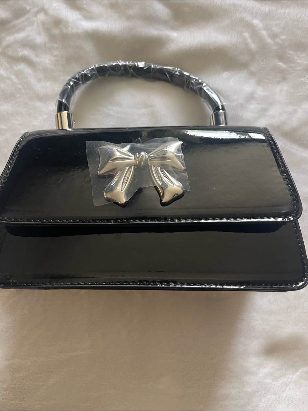 Black Patent Mini Top-Handle Bag with Silver Bow Accent